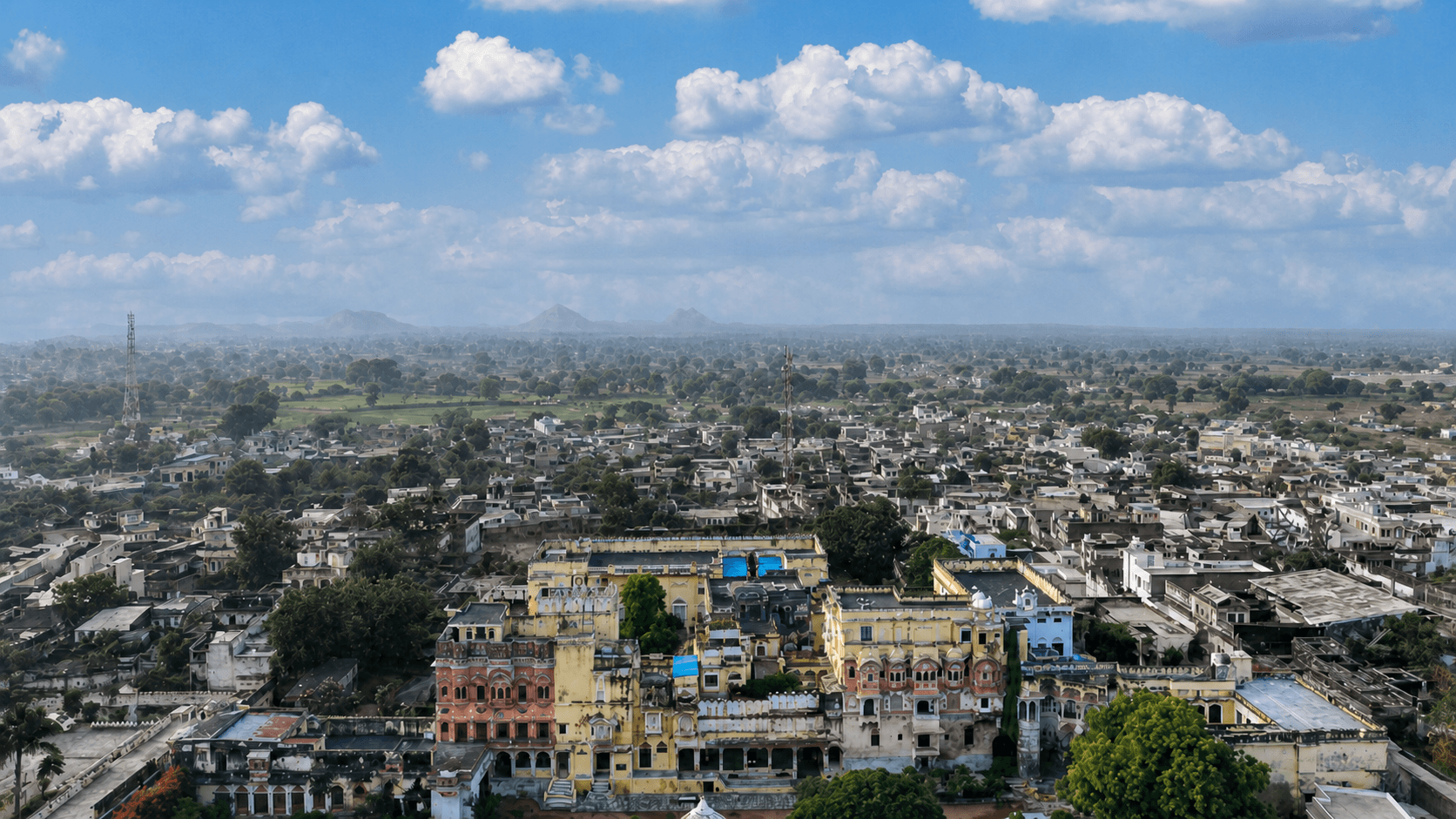 Aerial view of Ghanerao Royal Castle and the village